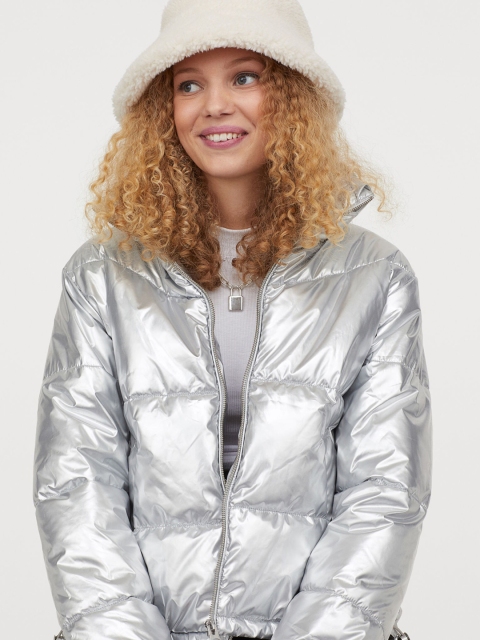 

H&M Women Silver-Toned Boxy Puffer Jacket