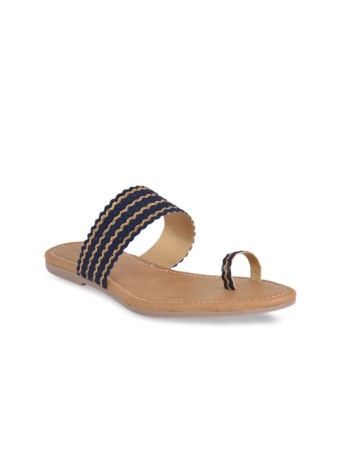

SALARIO Women Navy Blue Woven Design PU T-Strap Flats