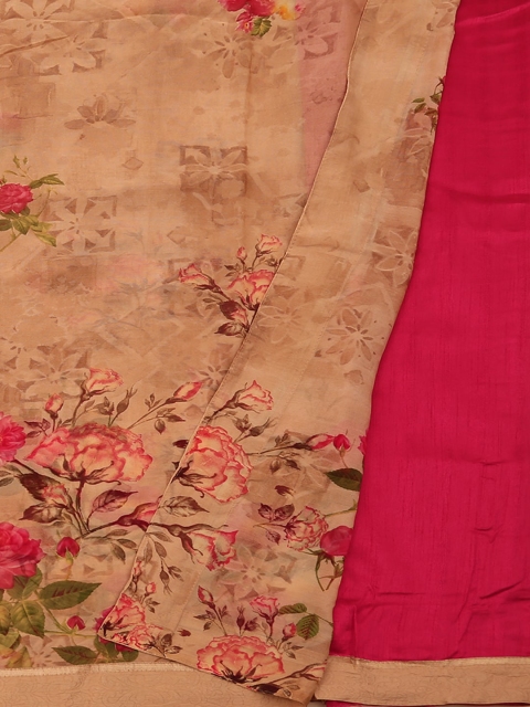 

Pothys Cream-Coloured & Pink Poly Georgette Floral Print Saree