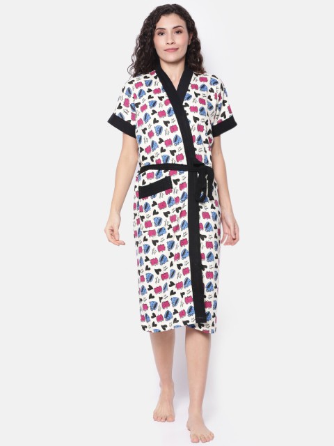 

Red Rose Women Off-White & Black Printed Bath Robe