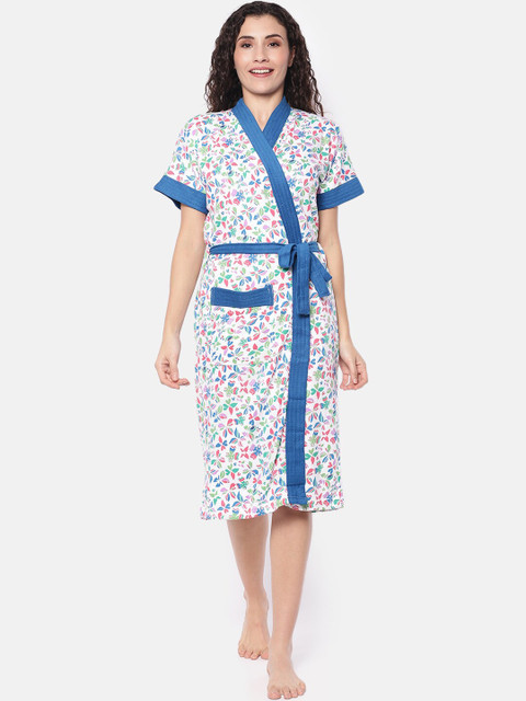 

Red Rose Women White & Blue Printed Bathrobe