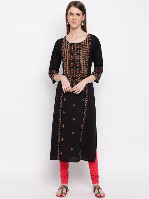 

Vbuyz Women Black Embroidered Straight Kurta