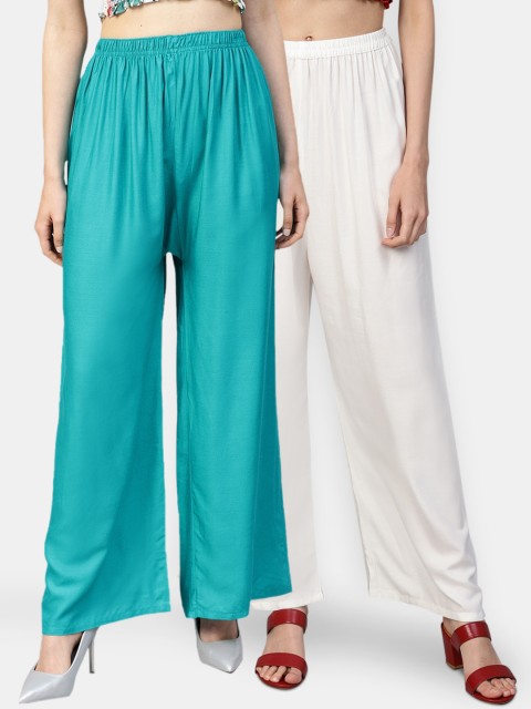 

Jompers Women Pack of 2 Off-White & Sea Green Solid Wide Leg Palazzos