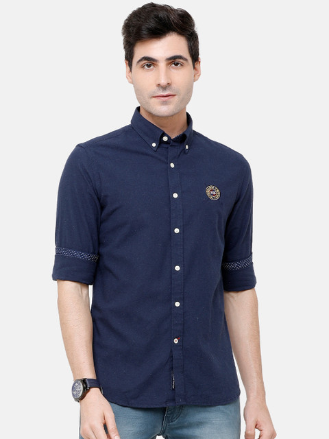 

Double Two Men Navy Blue Comfort Slim Fit Solid Casual Shirt