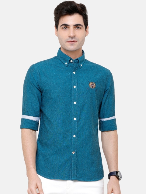

Double Two Men Teal Green Comfort Slim Fit Solid Casual Shirt