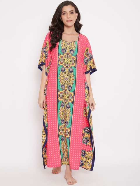 The Kaftan Company Pink & Green Printed Nightdress