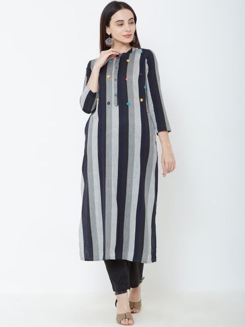 

FASHOR Women Navy Blue & Grey Striped Straight Kurta