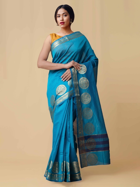 

Unnati Silks Blue & Gold-Toned Silk Cotton Solid Kanjeevaram Saree