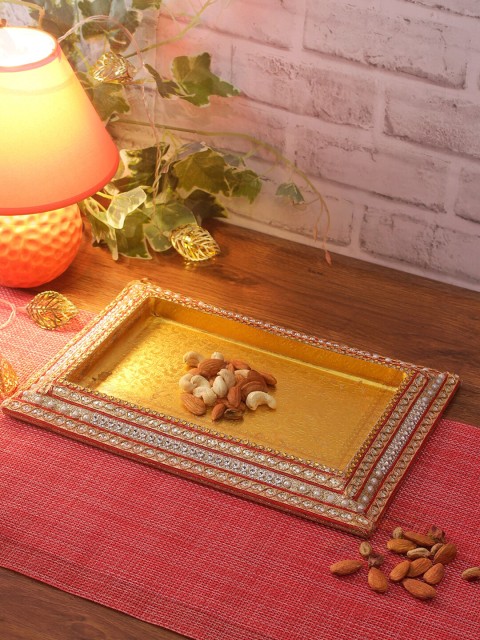 

Aapno Rajasthan Gold-Coloured Embellished Rectangular Wooden tray