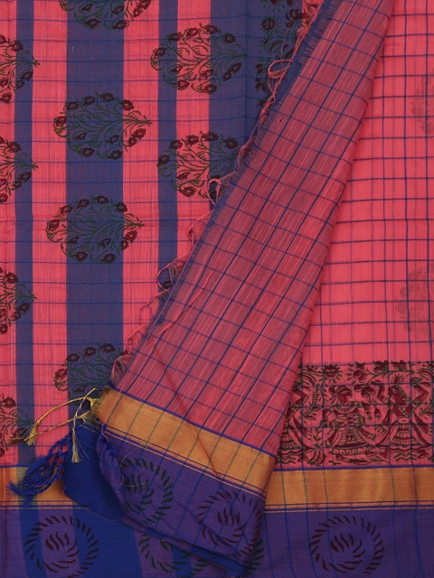 

Pothys Peach-Coloured & Blue Cotton Blend Printed Saree