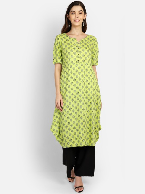

Saffron Threads Women Lime Green & Navy Blue Printed A-Line Kurta