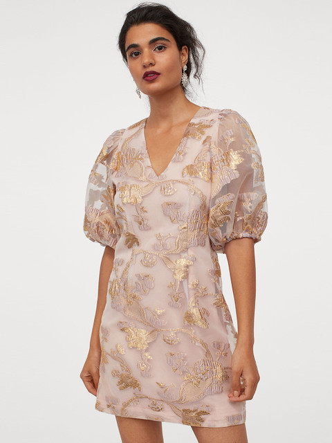 

H&M Women Beige & Gold-Coloured Jacquard-Weave Dress