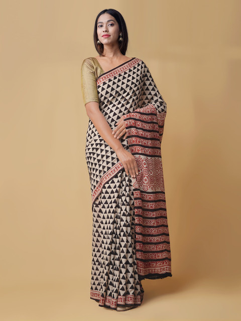 

Unnati Silks Beige & Black Pure Cotton Printed Kota Saree