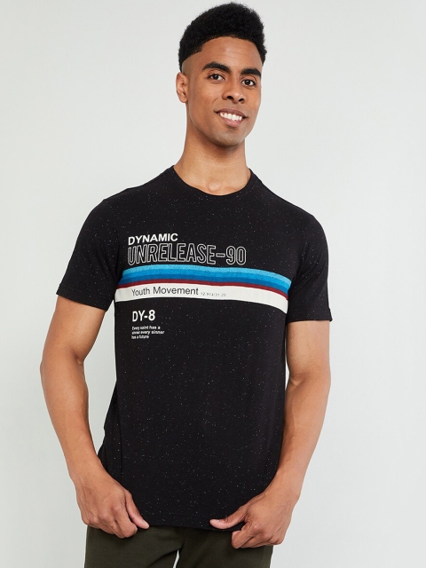 

max Men Black Printed Round Neck T-shirt