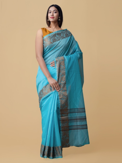 

Unnati Silks Blue Silk Cotton Striped Kanjeevaram Saree