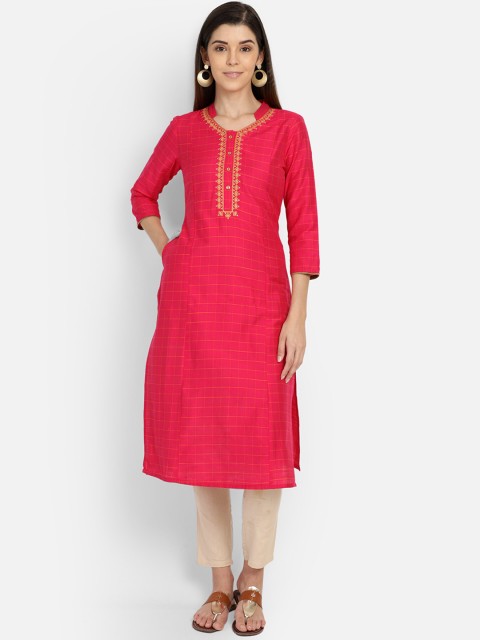 

Saffron Threads Women Pink & Orange Checked Straight Kurta