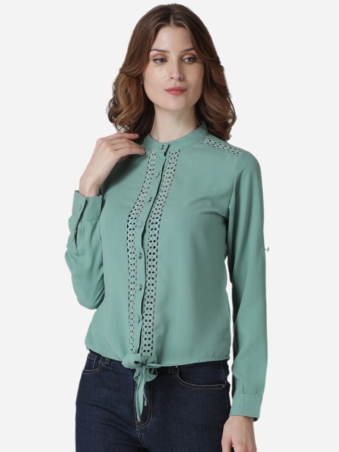 

LABEL REGALIA Women Green Self Design Shirt Style Top