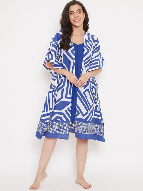 

The Kaftan Company Blue & Off-White Printed Nightdress
