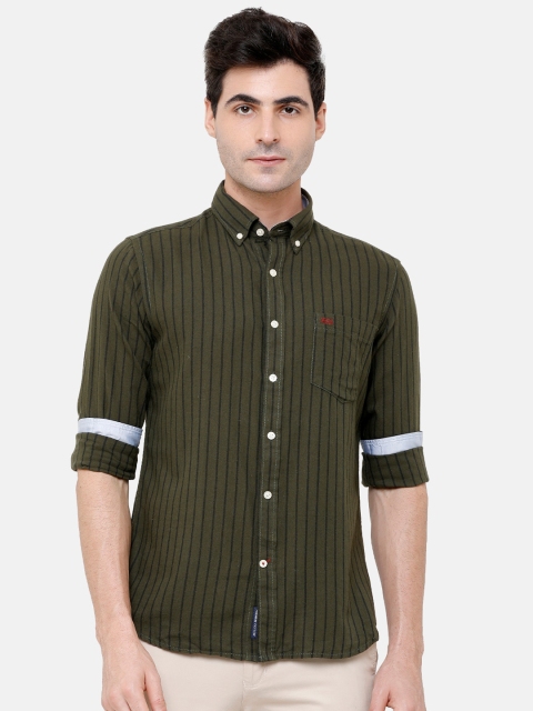 

Double Two Men Olive Green Comfort Slim Fit Striped Casual Shirt