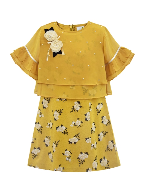 Daffodils GIRLS WEAR Girls Mustard Yellow & White Floral Printed A-Line Dress