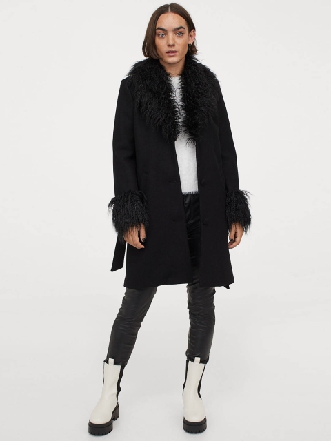 

H&M Women Black Solid Faux Fur-Trimmed Coat