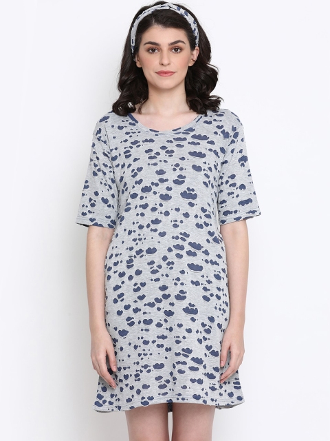 

Clovia Grey & Blue Printed Sleep Shirt with Hair Band