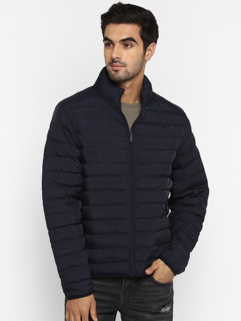 

METTLE Men Navy Blue Striped Puffer Jacket
