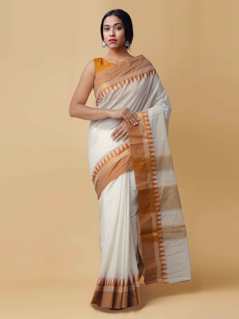 

Unnati Silks White & Beige Pure Cotton Solid Handloom Kanjeevaram Saree