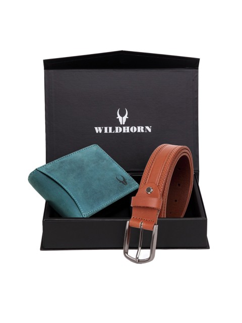 

WildHorn Men Teal Blue & Brown RFID Protected Genuine Leather Accessory Gift Set