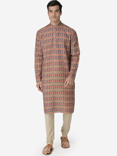 

TABARD Men Orange & Taupe Printed Kurta with Churidar