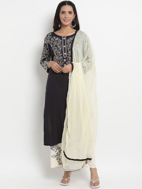 

Prakhya Women Black & Cream-Coloured Yoke Design Kurta with Trousers & Dupatta