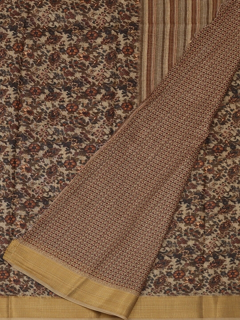 

Pothys Beige & Green Jute Silk Printed Saree