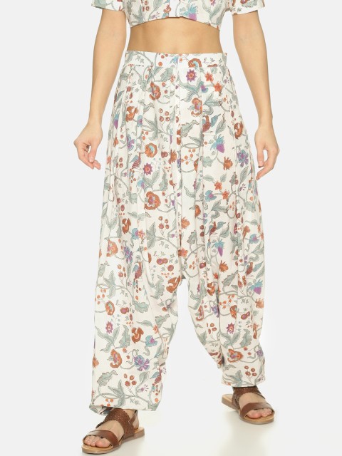 

NANGALIA RUCHIRA Women White & Brown Floral Print Harem Pants