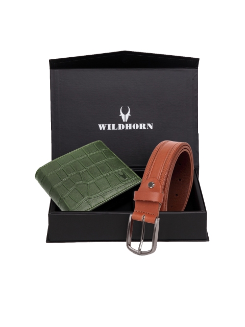 

WildHorn Men Olive-Green & Brown Textured RFID Protected Genuine Leather Accessory Gift Set
