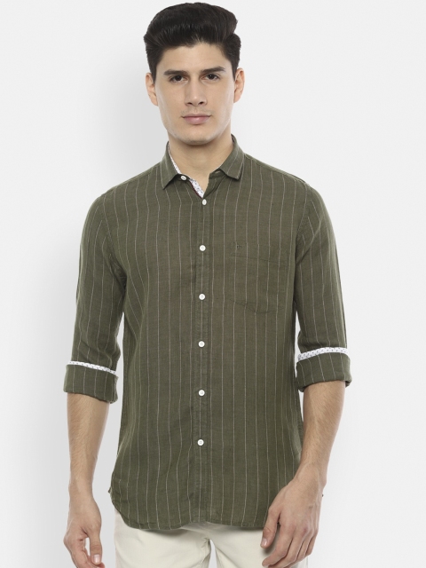 

Van Heusen Sport Men Olive Green Regular Fit Striped Pure Linen Casual Shirt