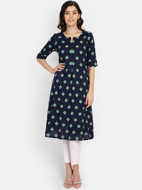 

Saffron Threads Women Navy Blue & Lime Green Printed A-Line Kurta