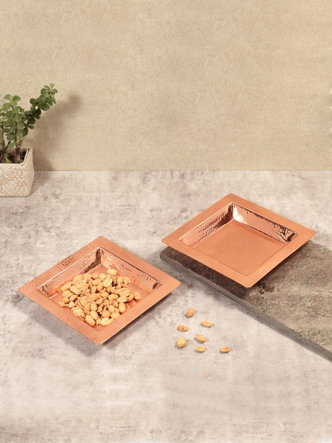 Unravel India Brown 2-Pieces Solid Copper-Toned Hand Beaten Square Plates Set