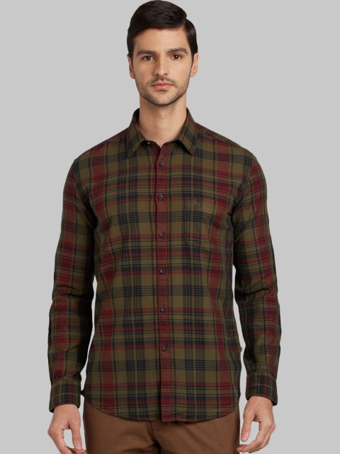 

Parx Men Olive Green & Maroon Slim Fit Checked Casual Shirt