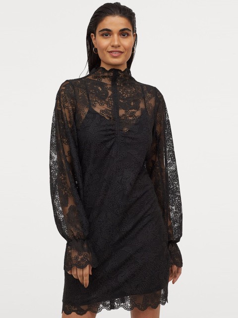 

H&M Women Black Lace Stand-Up Collar Dress