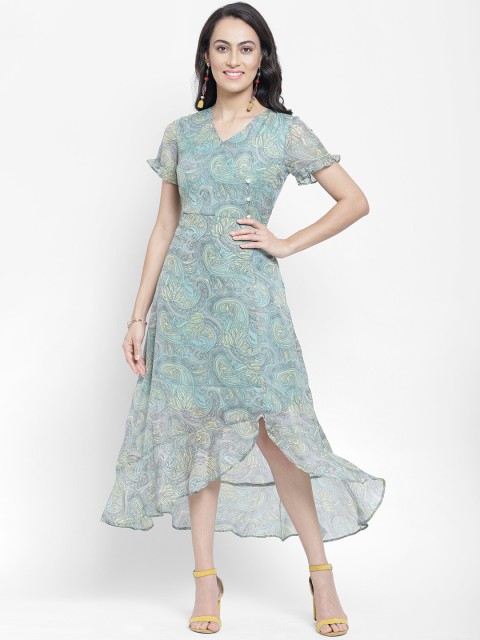 

NIXX Women Sage Green & Black Paisley Printed Wrap Dress