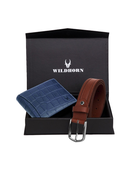 

WildHorn Men Blue & Brown Textured RFID Protected Genuine Leather Accessory Gift Set
