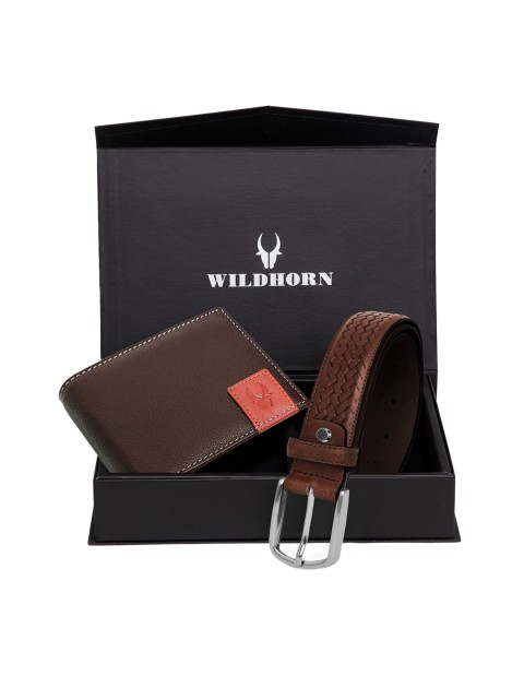

WildHorn Men Brown & Silver-Toned Textured RFID Protected Genuine Leather Accessory Gift Set