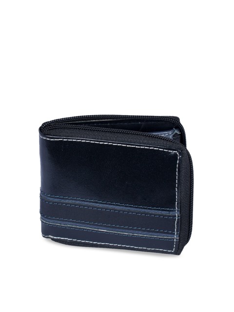 

Krosshorn Men Black & Blue Colourblocked Zip Around Leather Wallet