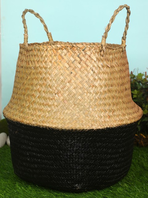 

Pollination Beige & Black Colourblocked Woven Seagrass Tote Belly Basket