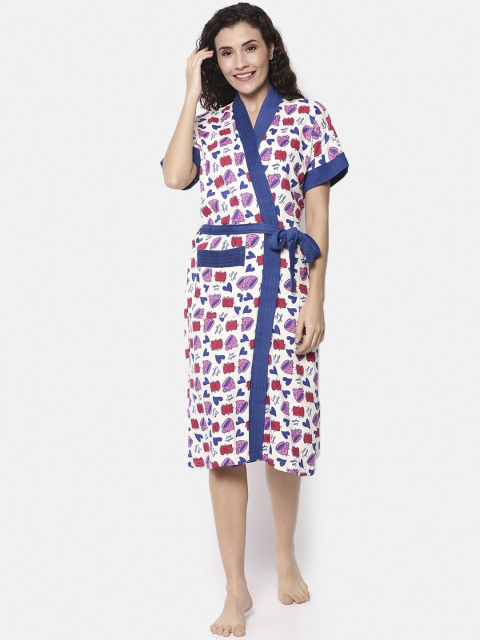 

Red Rose Women White & Blue Printed Bath Robe