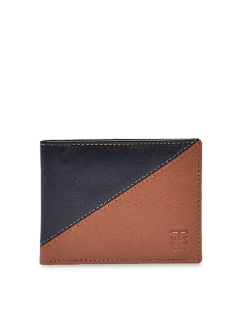 

TRENDERS Men Navy Blue & Brown Colourblocked Leather Two Fold Wallet