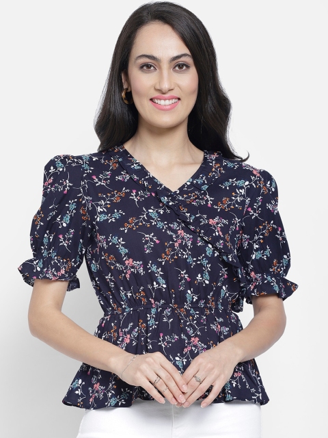 

NIXX Women Navy Blue Printed Cinched Waist Top