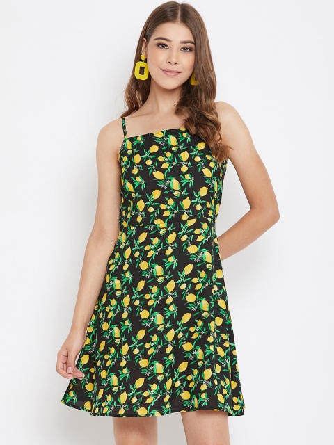 

Berrylush Women Black & Yellow Printed Fit and Flare Dress