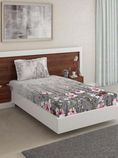 

DDecor Grey & Red Floral 144 TC Cotton 1 Single Bedsheet with 1 Pillow Covers
