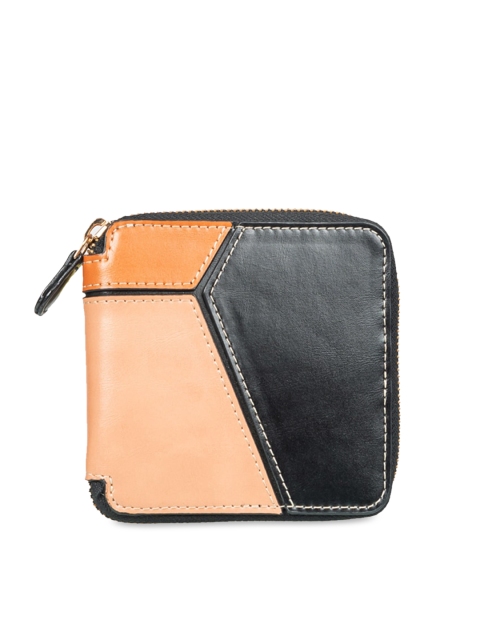

THE GUSTO Women Black & Beige Colourblocked Zip Around Wallet